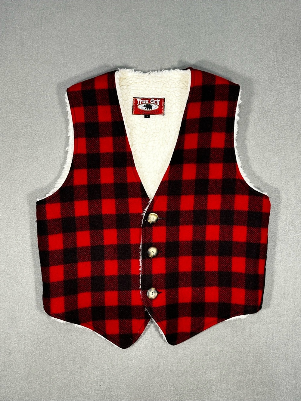 True Grit Wool Buffalo Plaid Vest Sherpa Lined USA Made Mens Large Red Black
